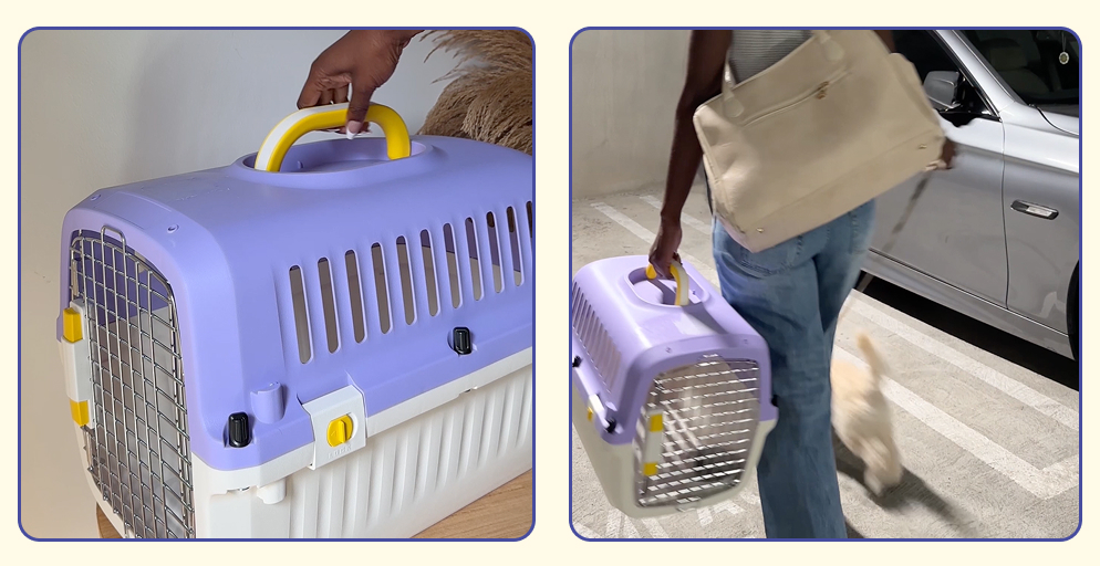 Holiday travel tips for pets and their humans. Person carrying Oodles Pet purple kennel.