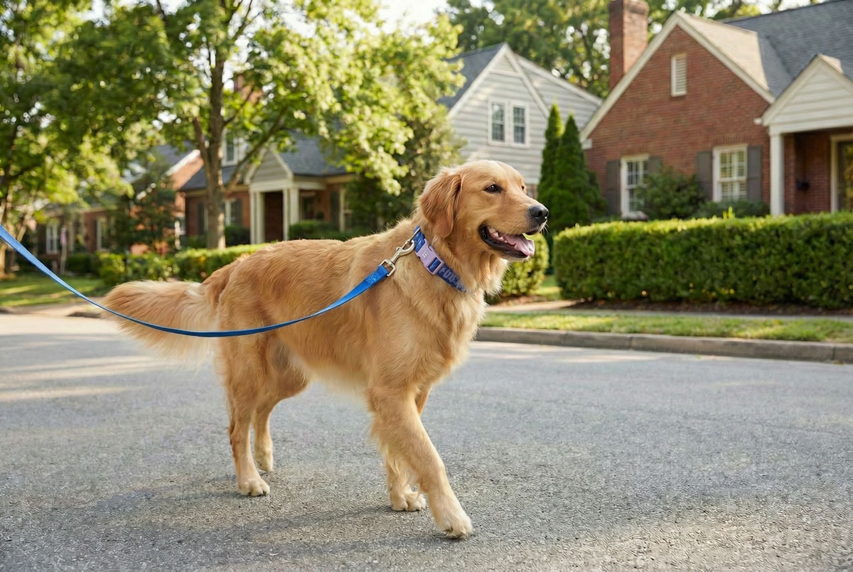 Dog walking happily in Oodles Pet collar and leash down a residential street