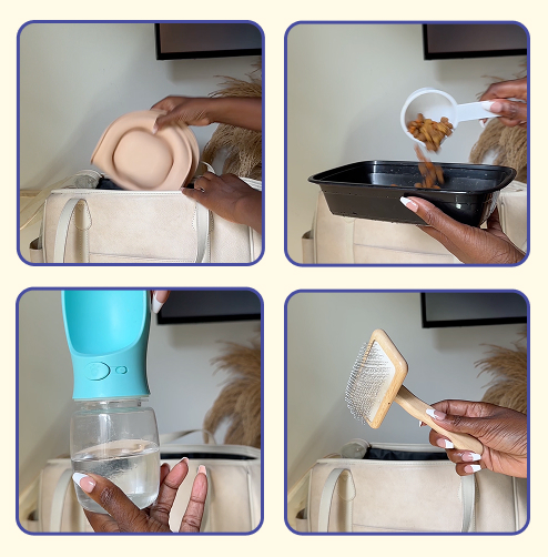 Holiday travel tips for pets and their humans. Person packing a pet's bag.