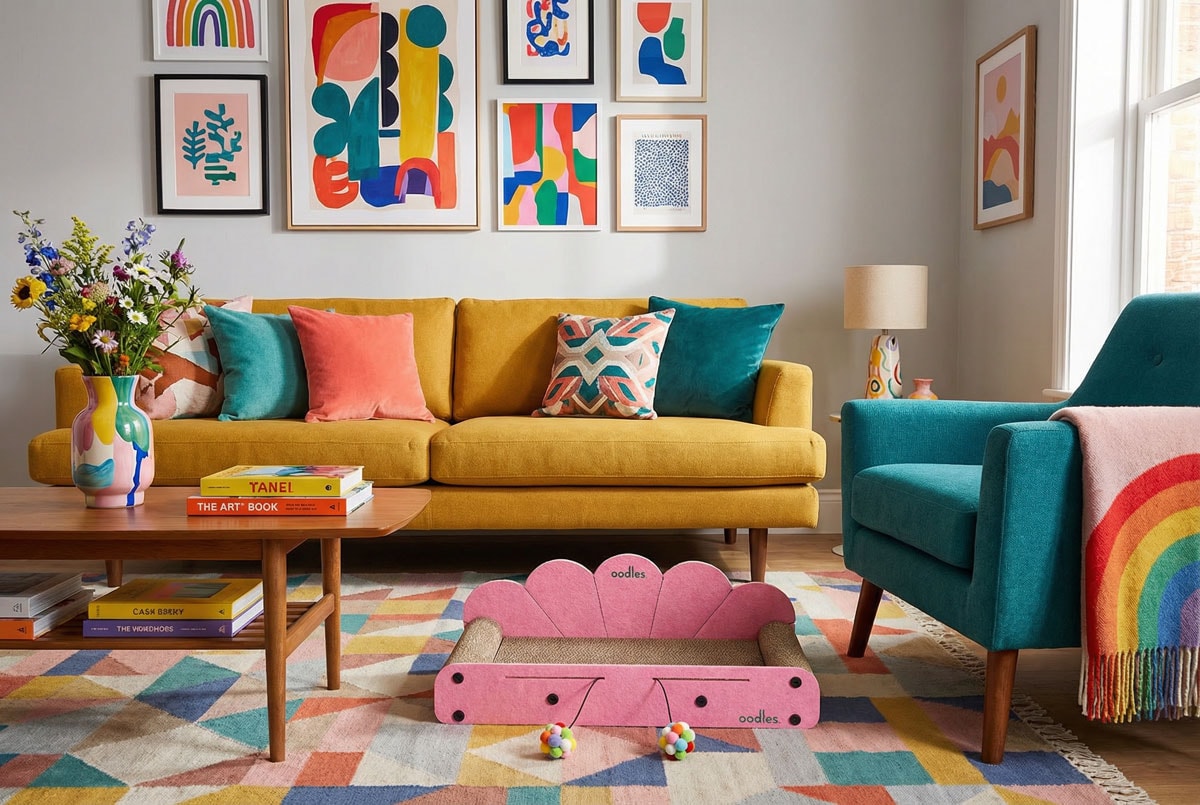 Oodles Pet pink cat scratcher in colorful living room
