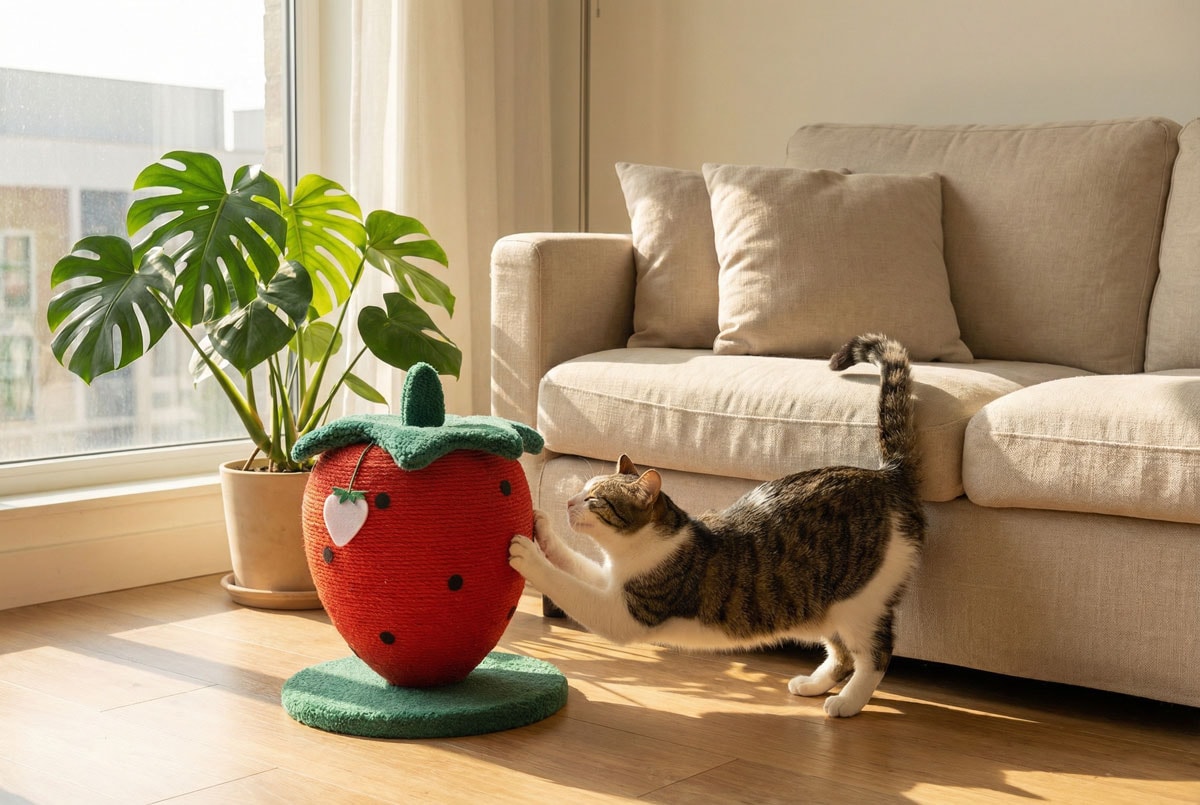Cat scratching Oodles Pet strawberry cat scratcher in living room
